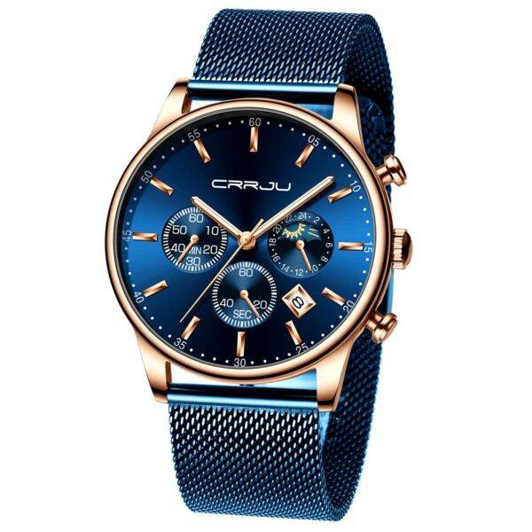 CRRJU Men's Blue Date Quartz Watches Fashion Casual Waterproof 30M Stainless Steel Watch for Men with Mesh Strap